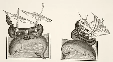 Navigators verwarren de rug van een walvis met een eiland, naar een miniatuur in Richard de Fournival